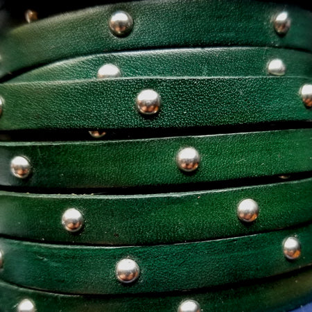 8 mm flat dark green leather with studs every 3 cm