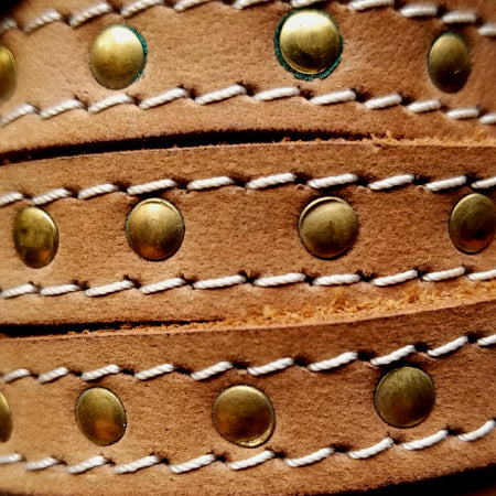 15 mm flat stitched and studded vintage brown leather